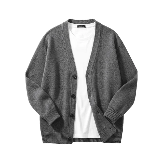 Grey knit cardigan on a white background