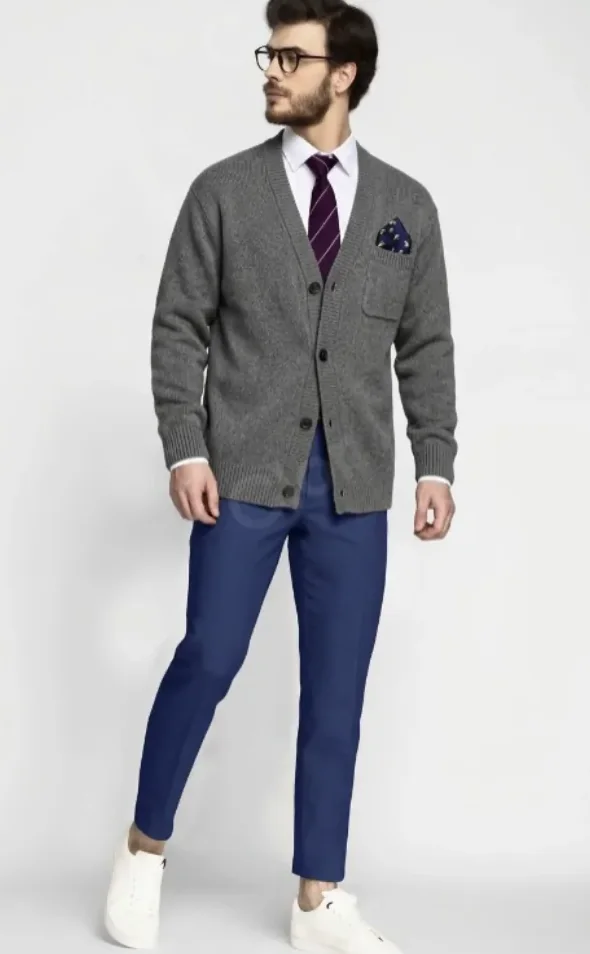 Same model and pose, now wearing the grey cardigan
