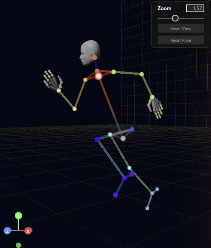 The 3D skeleton in the pose editor, bent into a running pose