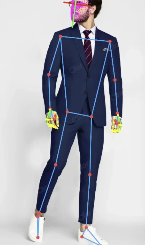 Model photo with the body, hand and face points drawn on top